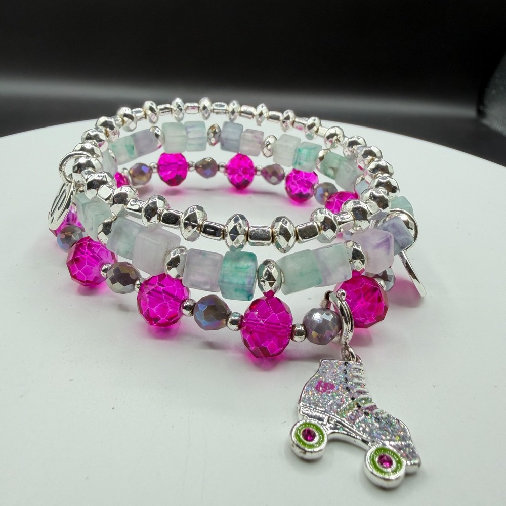 3 Pc Stretch Bracelet Set Pink Crystal Fluorite Beads Roller Skate Charm Boho
